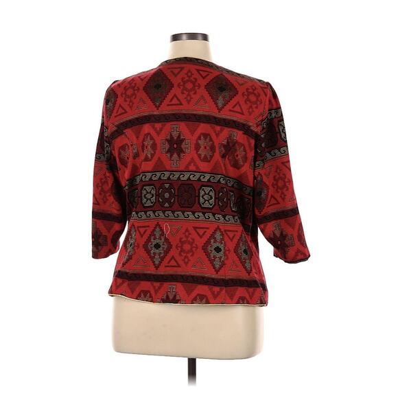 VTG Tina Barrie Jacket Aztec Print Red Gold Button Collarless 3/4 Sleeve 16 - Picture 2 of 4
